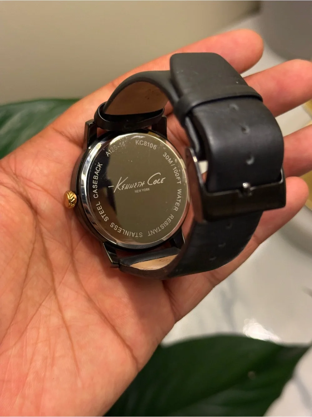 Kenneth Cole New York Black Dial Black Leather Strap Watch with Gold Accents men